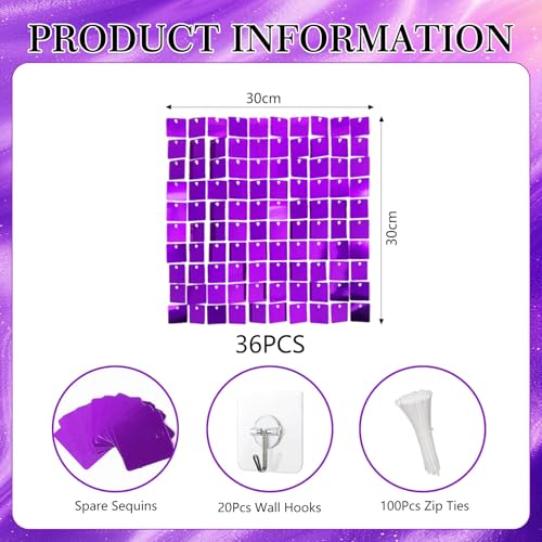 36 PCS Purple Shimmer Wall Backdrop, Square Sequin Photo Backdrops Panel, Glitter Wall Background for Birthdays, Weddings, Halloween, Engagements, Disco Bachelorette Party Decoration (6FTx6FT) by ZEBMOON - Used condition - Image 2