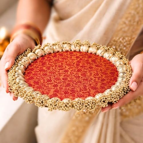 Image of SATYAM KRAFT 6 Pc Handmade Jhumki Platter (10 Inch) with Gota Patti & Golden Moti | Ganpati Decoration Setup For Home, Festive Home Decor, Pooja Setup, Table Centerpiece & Gifting Item