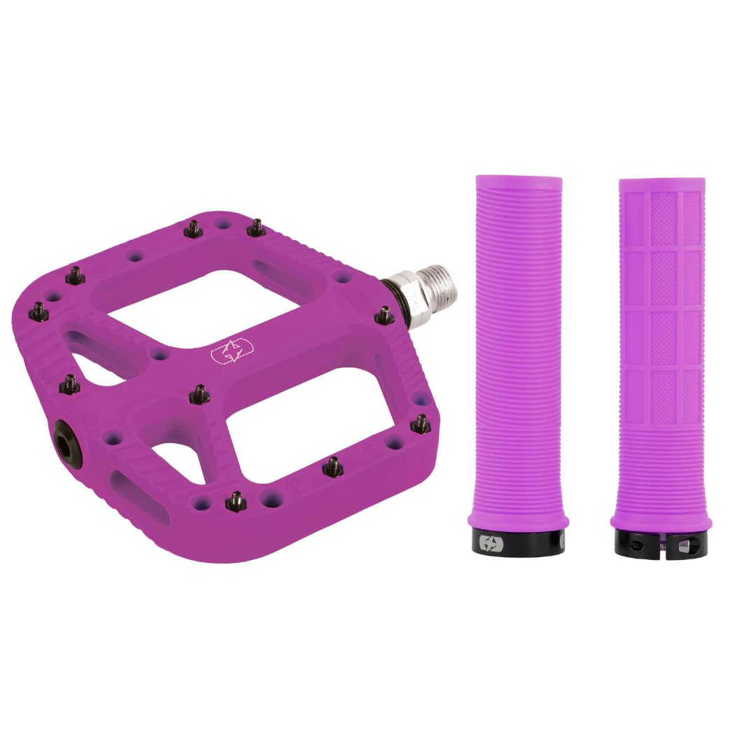 Oxford MTB Grip & Pedal Set – Lock-On Grips + Loam 2.0 Nylon Flat Pedals | Mountain Bike Components, Colour-Matched Pair – Purple - Trail Riding, Enduro Biking, Enhanced Grip & Control