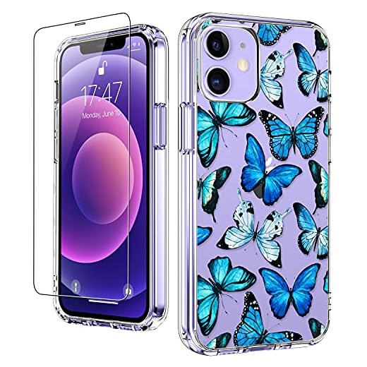 LUHOURI iPhone 12 Case, iPhone 12 Pro Case with Screen Protector, Clear Fashion Design Cover for Women Girls, Slim Fit Protective Phone Case for iPhone 12/12 Pro 6.1" Blue Butterflies Flower
