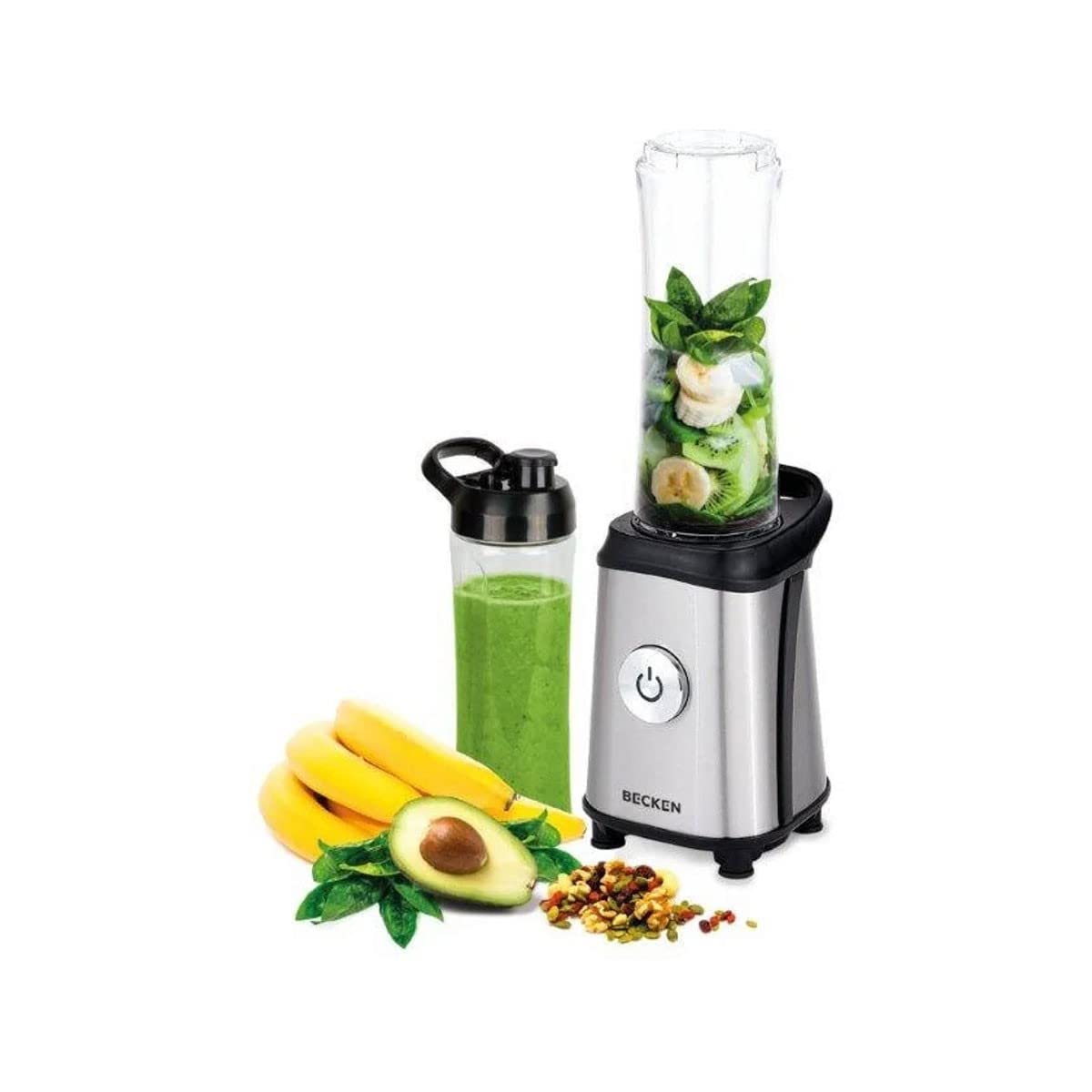 Mini Batidora de vaso - Incluye 2 Vasos Plástico de 0,6L - 4 Cuchillas en Acero Inoxidable - Seguridad Antiapertura - Potencia 300W - Becken