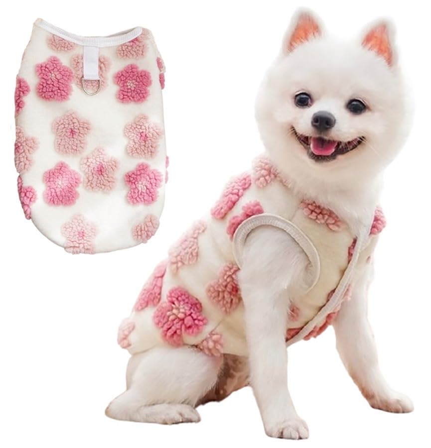 KUTKUT Small Dog Cat Flower Sleeveless Winter Vest With D-Ring Soft Warm Coral Fleece Double Layer Cozy Soft Button Open Sweater Small Doggie Outfit For Shihtzu,Bichon (Size:L,Chest:45Cm),1 Count