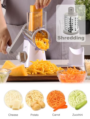 Image of Cheese Grater Rotary, Rotary Grater for Kitchen, Kitchen Grater Vegetable Slicer with 3 Drum Blades, Fast Cutting Cheese Shredder for Vegetables and Nuts