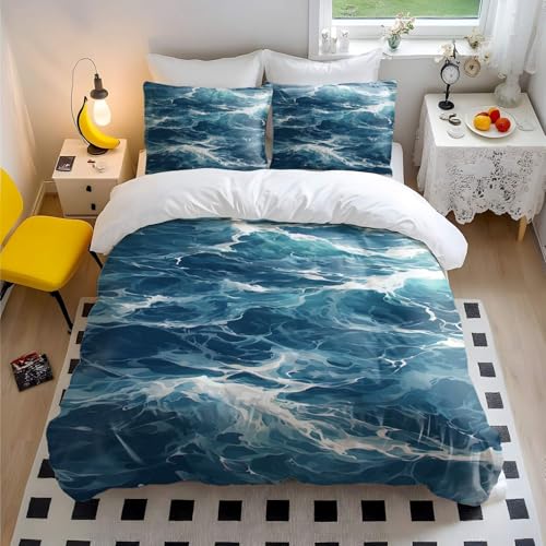 Ocean Wave Texture Duvet Cover Set, 3D Seafoam Green Comforter Cover King Size, Coastal Beach House Bedding, Nautical Bedding Full, Sea Themed Bedding Set, King Size (2,Full 79x90in)