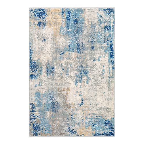 Lahome Modern Abstract Kitchen Rug - 2x3 Washable Small Front Doormat Soft Throw Rugs for Entryway Non-Slip, Contemporary Faux Wool Floor Indoor Carpet for Bathroom, Blue/Yellow/Ivory