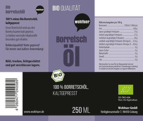 Wohltuer Bio Borretschöl 250ml - Nativ gepresst und 100% rein - Natur pur (250 ml)