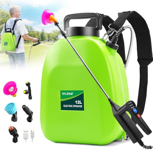 SYLSTAR 12L Battery Powered Knapsack Sprayer Electric Garden Backpack Sprayer with 3 Adjustable Spray Power Battery Indicator & 41 Telescopic Wand for Lawn Garden & Patio