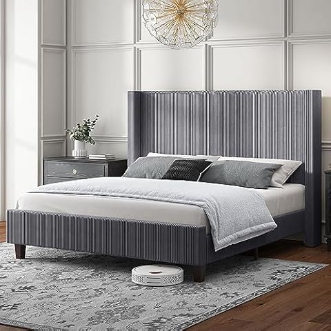 HOWE Queen Size Upholstered Platform Bed Frame, Wingback Bed with 50.8" Headboard, Corduroy/Solid Wood Leg/No Box Spring Needed/Noise Free/Grey Cover