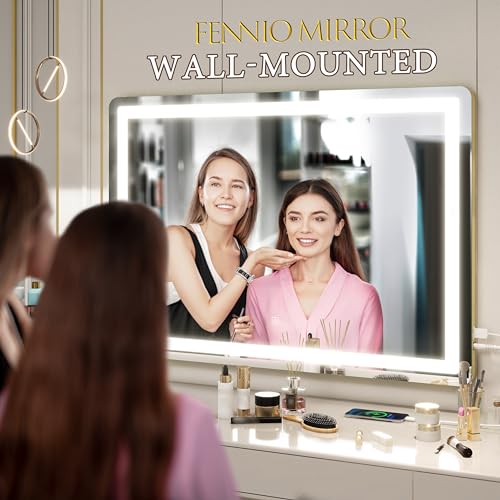 FENNIO Vanity Mirror with Lights 32"x22", Lighted Makeup Mirror, Large Vanity Mirror with Lights, Touch Sensor with 3 Color Lighting,USB Charging Port for Vanity Desk Tabletop(Gold)