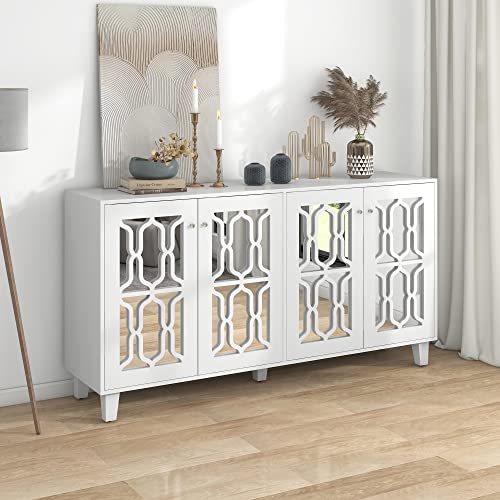 ModernLuxe - Buffet Blanc Miroir avec poignées en Cristal pour Salon et Salle à Manger (160 x 40 x 84 cm)