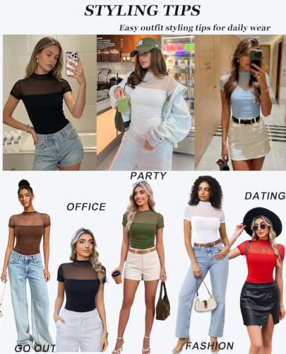 Image of Avidlove Women's Short Sleeve Bodysuit Turtle Neck Body Suits Mesh One Piece Leotard Going Out Tops Date Outfits