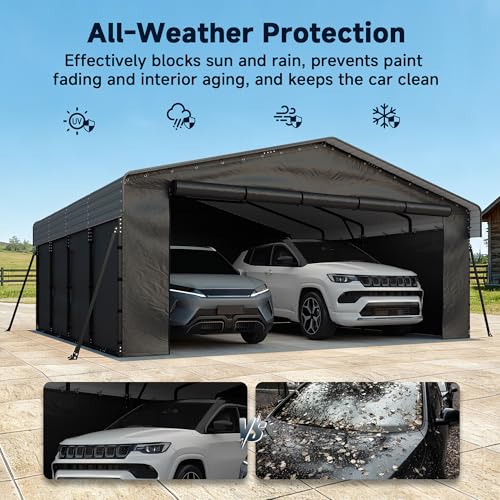 Image of Real Relax 20x20FT Heavy Duty Metal Carport, All-Weather Galvanized Steel Enclosed Car Canopy with Roll-Up Door, Reinforced Base for 2 Cars, Trucks, Boat, Gray