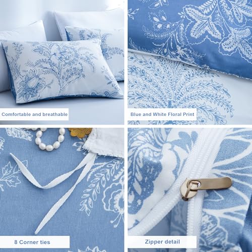 Image of BOLINLIVING Floral Duvet Cover Queen Size 3 Pieces, Flower Duvet Cover with 2 Pillow Shams, Soft Floral Bedding Set White and Blue for All Season, Breathable, Zipper Closure