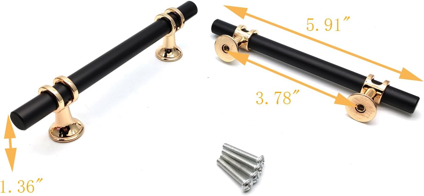 Kitchen Drawer Pulls,6-Pack Susenya Handle Pulls for Cabinets 3.8" Hole Centers(C to C) T Handle Drawer Pull Zinc Alloy with Screws Black Gold Drawer Handles