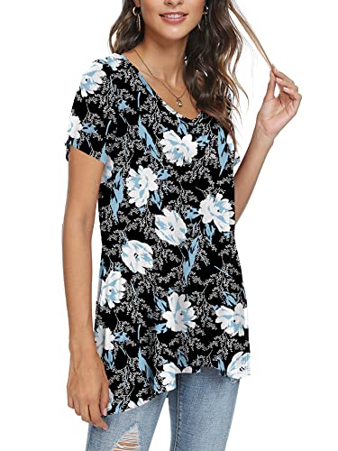 Popyoung Women's Summer Casual Short Sleeve Tunic Tops To Wear With Leggings V-Neck T-Shirt Loose Blouse Xxl, White Lily #TOP2