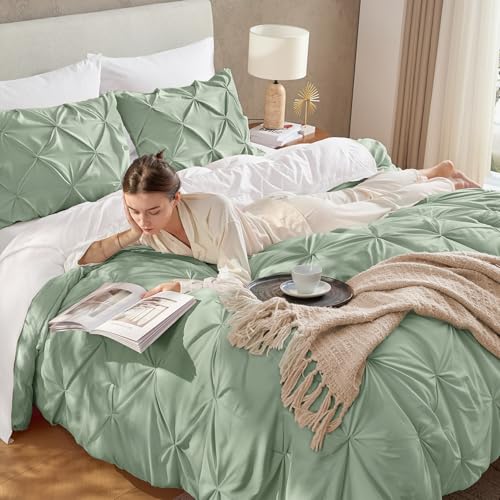 Image of Andency Queen Pinch Pleat Comforter Set (90 inchx90 inch),3 Piece Lightweight Pintuck Bedding Comforters & Sets, Fluffy Down Alternative Comforter with 2 Pillow Shams for All Season,Sage Green