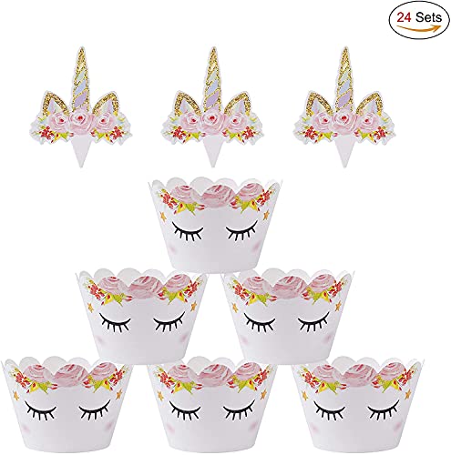 24 stuks eenhoorn-cupcake-toppers, cupcake-wrappers, glitter-eenhoorn, cupcake-toppers met wrapper, dubbelzijdige toppers, voor dessert, cake, decoraties voor verjaardag, bruiloft, babyshower - Image 7