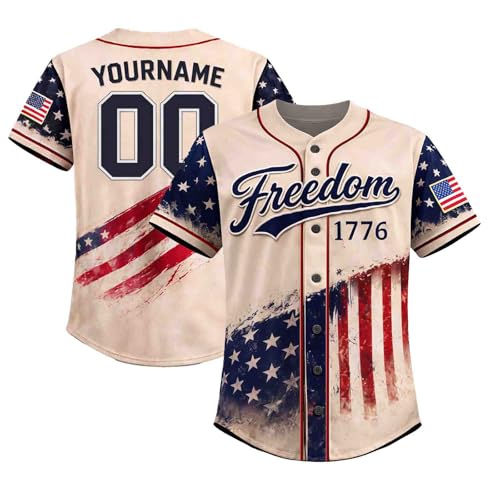 Camiseta vintage de béisbol con bandera americana y texto Freedom 1776