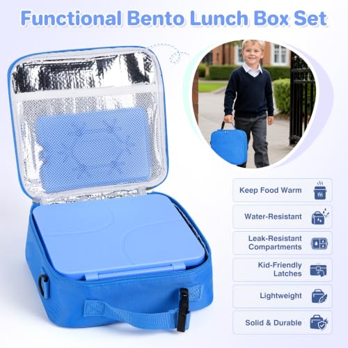 Image of Bento Lunch Box with 8oz Soup Thermo,Kids Leakproof 4 Compartment Lunch Food Containers with Sauce Cup and Ice Pack,Kids Thermo Insulated Hot Food Jar and Lunch Bag for School,Trvael-Blue