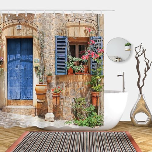 Simpomsy 3D Garden Shower Curtain, Fresh Plant Countrylife Style Retro Old Stone Wall Floral Basket Door Scenery with Green Plants, Scenery Bathroom Decoration Curtains with Hook 180x180cm - Image 3