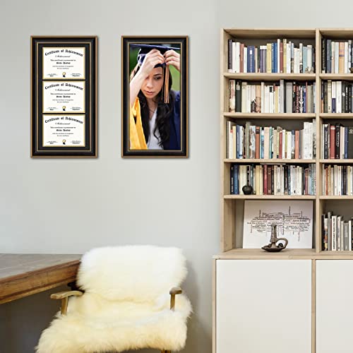 Auear, Triple Diploma Frame With 3 Openings Black Over Gold Mat, Holds Three (3) 8.5X11 Inch Certificate/Documents With Wall Hanger (14X29 Vertical, Ornate Gold & Black) #TOP5