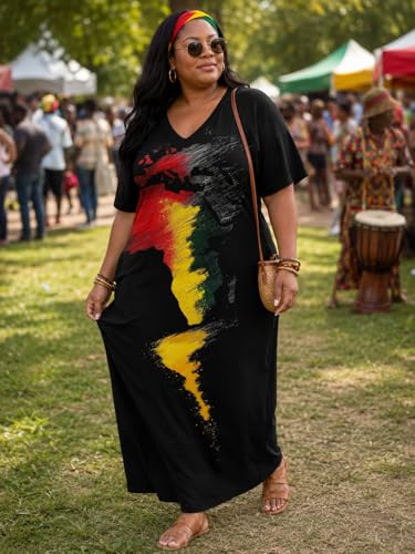 Image of Plus Size Maxi Dress for Women Short Sleeve V Neck Casual Loose Sundress with Pockets