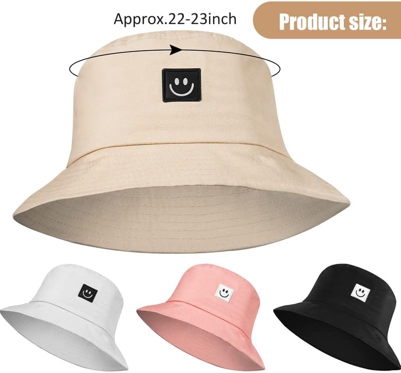 Smiling Face Bucket Hat Cute Bucket Cap Beach Sun Hat Summer Travel Bucket for Women Men (Beige, Black, White, Pink, 4)