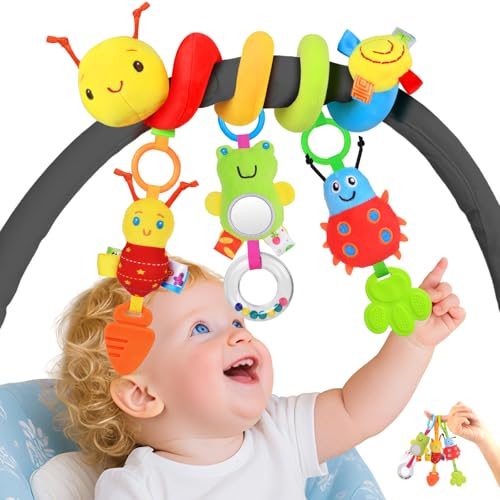 Car Seat Toys for Babies 0-6 Months, Upgraded Spiral Hanging Crib Stroller Activity Toys with Detachable Rattles, Baby Car Seat Accessories Toy for Developing Sensory Skills, Gift for Newborn Infant