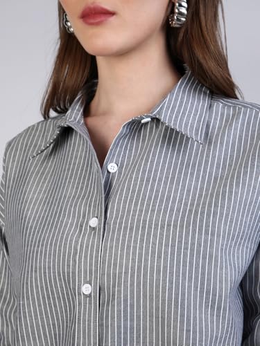 Image of Urbano Fashion Women's Cotton Full Sleeve Oversized Fit Casual Striped Shirt with Spread Collar