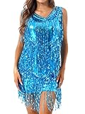 iixpin Damen Pailletten Latein Salsa Rumba Tanzbauch Kleider Tanzkleid Metallic Kleid Glitzer Latin Kleider Sparkle & Shine Tanzkleid für Party Performance Himmelblau Large