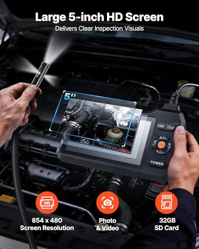 Image of VEVOR Triple Lens Endoscope with Light, 5 inch HD IPS Screen Industrial Borescope, 1280 x 720 Lens, 8 + 2 LEDs, 8X Zoom, IP67 Waterproof Inspection Snake Camera for Auto, Plumbing (16.4FT Rigid Cable)