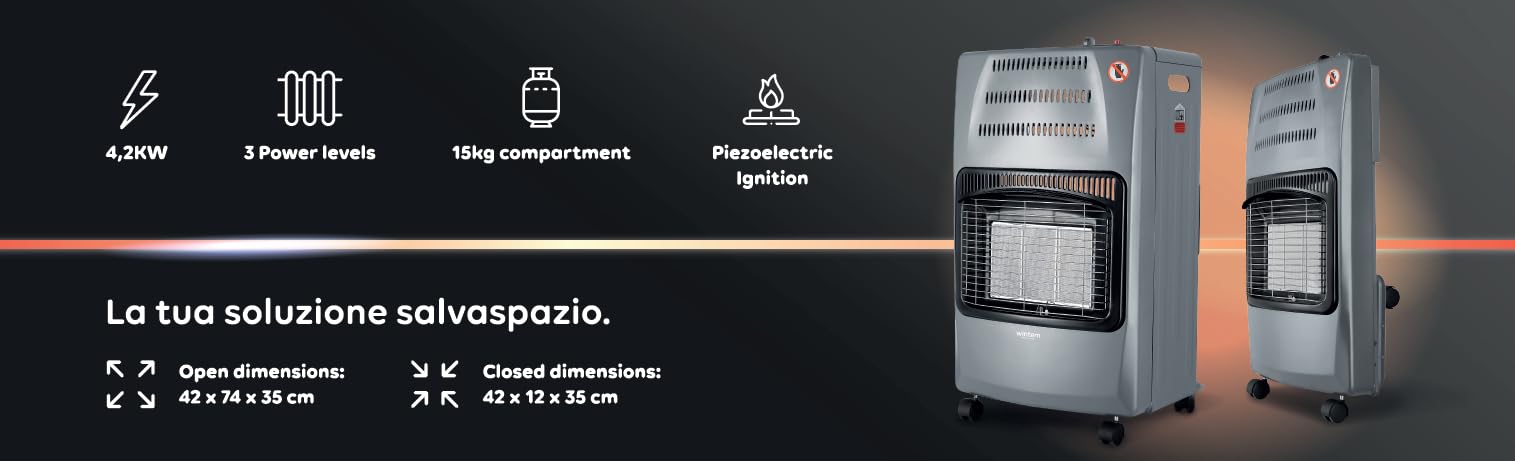 Wintem - Stufa a Gas Richiudibile 4200W con 3 Livelli di Riscaldamento, Accensione Piezoelettrica e Vano Porta-Bombola da 15Kg, Compatta e Facile da Riporre (Smoke Grey)