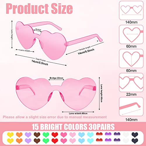 30 Pairs Heart Shaped Rimless Sunglasses,Candy Color Frameless Glasses,Transparent Heart Sunglasses for Women2
