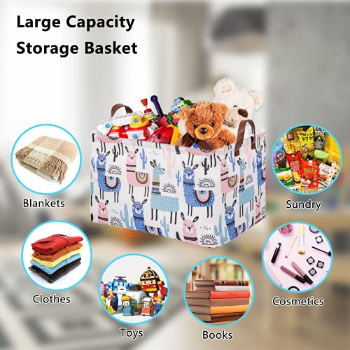 Image of Llama Storage Bin Basket Collapsible with Leather Handles Waterproof Canvas Storage Cube Box for Closet Toys Clothes Nursery Room Gift Basket
