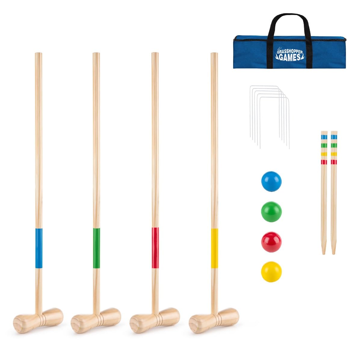 Toyrific Grasshopper Games | Wooden Croquet Set, 4 Wooden Mallets with 4 Wooden Balls, Complete Set for Kids and Adults, Outdoor Family Garden Game