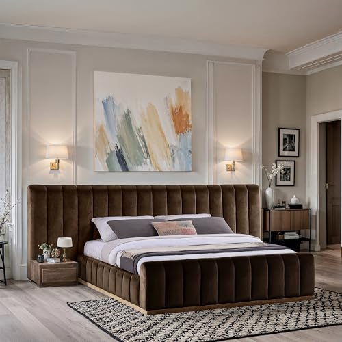Image of Meridian Furniture AmaraBrown-K133 Collection Modern | Contemporary King Bed, Ultra Luxe Brown 460 GSM Velvet, Natural Finish, Solid Wood Base and Inner Frame, 133 inch W x 99 inch D x 51 inch H, Brown, King