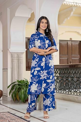 Image of Women's Floral Print Rayon Kurta Palazzo, Round Neck Half Sleeve, Regular Fit, Ethnic Casual Wear