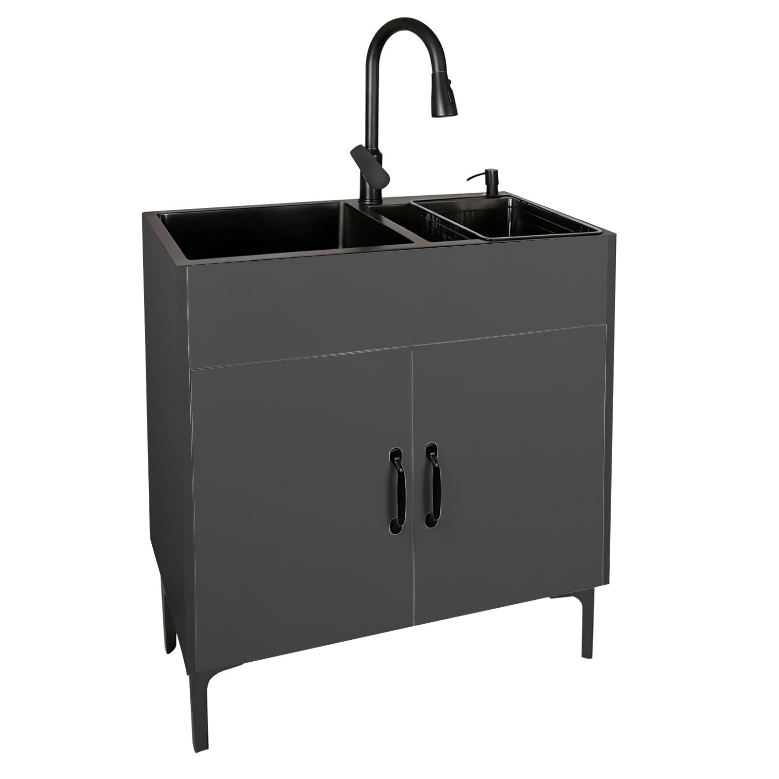 Fregadero Utilidad Todo en Uno multifuncional negro con mueble lavandería doble cubeta 32in