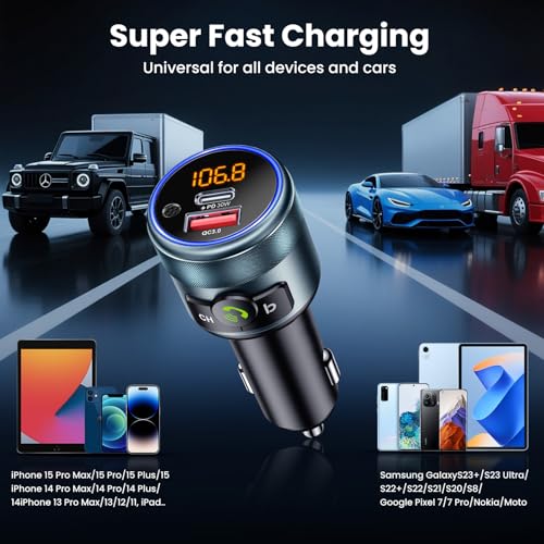 GizmoVine Car FM Transmitter Bluetooth 5.3 Adapter,Wireless Radio Transmitter for Car, PD 30W QC3.0 18W Fast Charging, Hands-Free,Bass Boost,LED Display,USB Flash Play,All Metal,12V/24V - Image 5