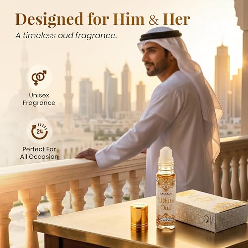 Image of AMANZI White Oud Attar Roll-On for Men & Women | Alcohol-Free, Long-Lasting Fragrance Oil | Floral, Woody & Amber Perfume | 6ml | Pack of 2
