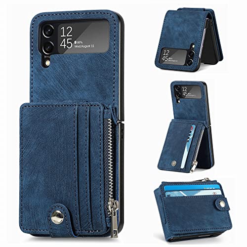 Étui portefeuille détachable en cuir pour Samsung Galaxy Z Flip 4 coque fermeture éclair bleu