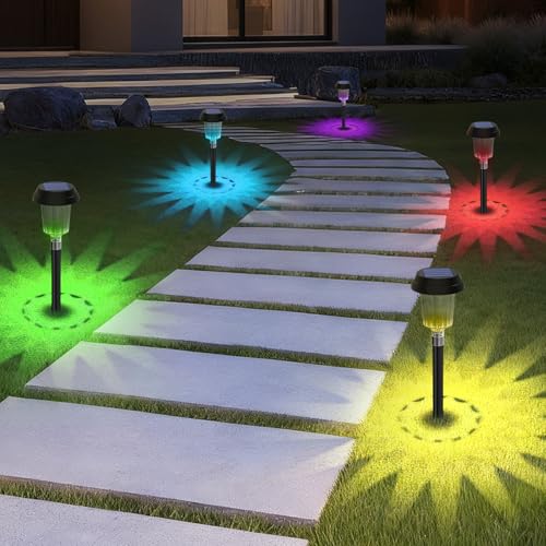 TECKNET 8 Pack Solar Powered Pathway Lights, Auto On/Off Color Changing Solar Stake Lights Outdoor with Warm White & RGB Colored, IP68 Waterproof Pathway Light Outdoor for Yard Walkway Lawn