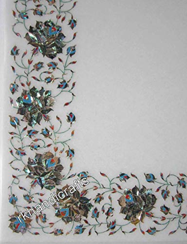 24 X 36 Inches Shiny Multicolor Stones Inlaid Coffee Table Top White Marble Rectangle Shape Patio Table From Indian Vintage Art And Crafts #TOP4