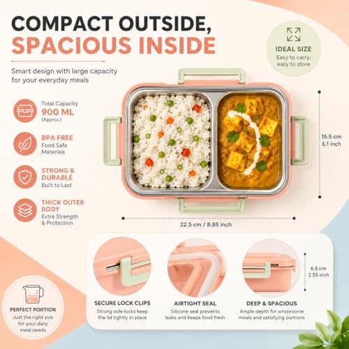 Image of Premium 2 Compartment Stainless Steel Lunch Box with Airtight Leakproof Lid | Durable Food Storage Bento Box with Secure Lock Clips (Pink Color)