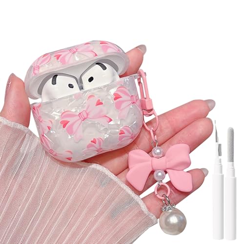 Image of MINSCOSE for Cute Glitter AirPods 4 Case,Shell Pattern Pretty Bow Design with Trendy Floral Keychain,Soft TPU Protective Cover with Cleaner Kit for Girls Women for AirPods 4-Pink