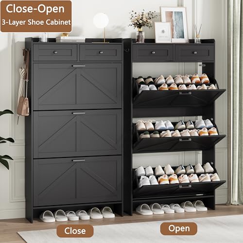 Image of Shoe Cabinet with 3 Flip Drawers & 2 Top Drawers, 57 inch Tall Freestanding Narrow Wooden Shoe Storage Organizer for Entryway, Hidden Slim Shoe Rack for Front Door Entrance, Hallway, Living Room, Black