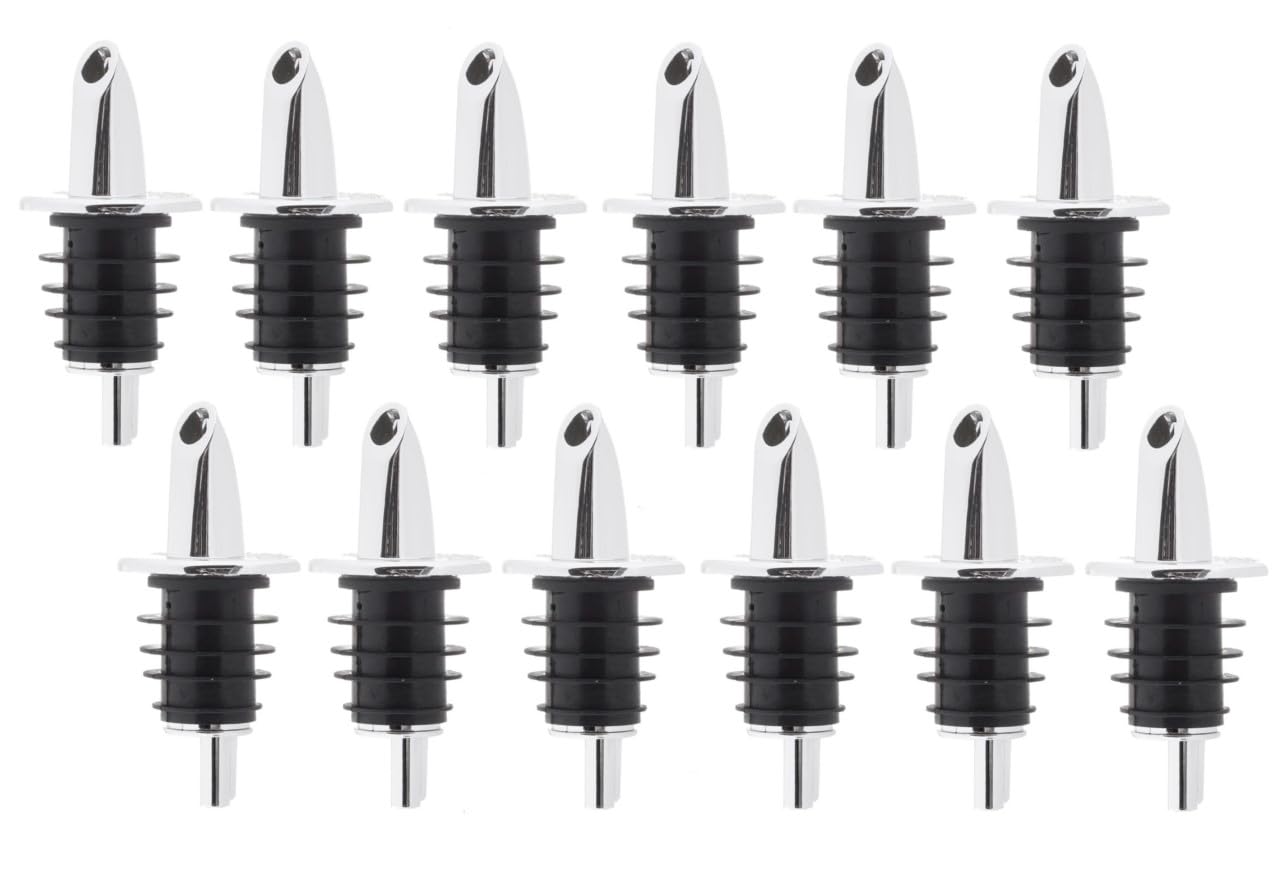 Soro Essentials- Set of 12 Plastic Free Flow Chrome Spout Liquor Bottle Pourers No Collar- Classic Bottle Pourers for Alcohol Leak Proof No Drip or Spill Pour Spouts for Liquor Wine Bottles