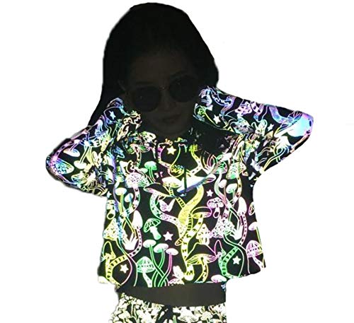 kewing Chaqueta Reflectante de Mujer Abrigo Champiñones Coloridos Chándal Luminoso Fiesta Club Nocturno Moda callejera Personalidad Pantalones Reflectantes