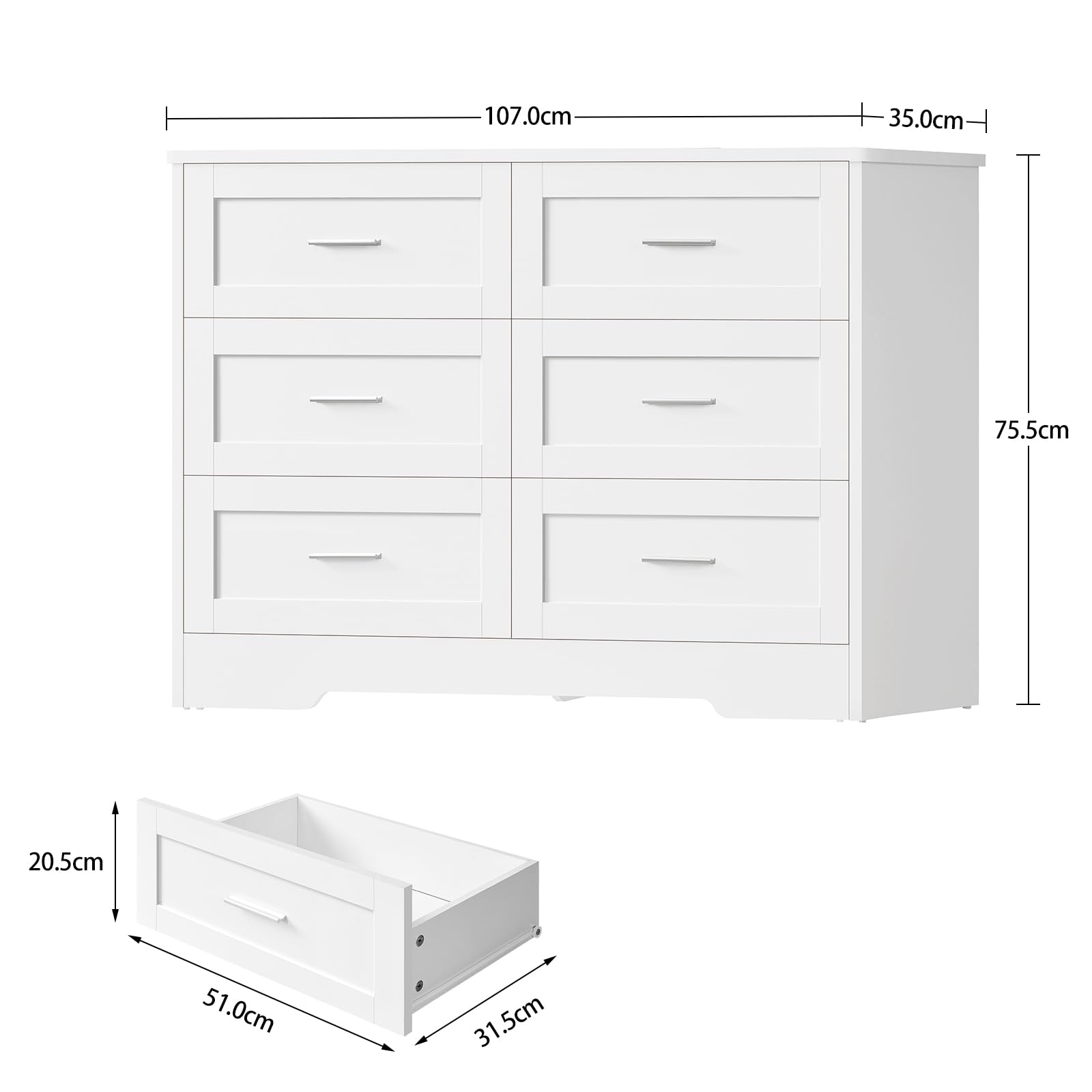 TEENFON Kommode mit 6 Schubladen, Weißer Komodenschrank für Schlafzimmer - Multifunktionales Sideboard für Wohnzimmer, Esszimmer, Flur, 107 x 35 x 75.5 cm