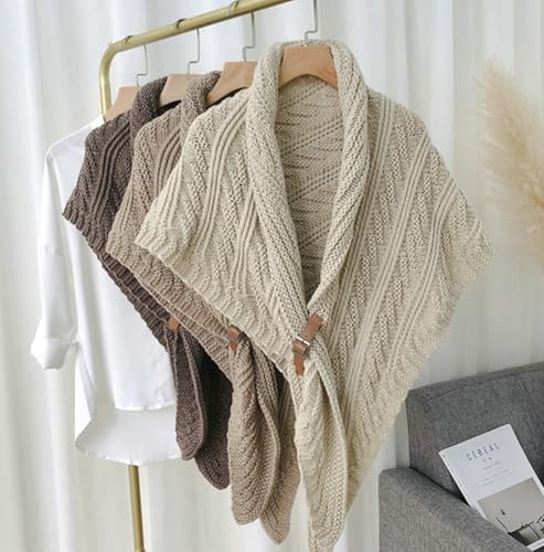 Women's Cable Knit Triangle Shawl Wrap Scarf Warm Winter Elegant Stylish Knitted Scarf with Leather Buckle4